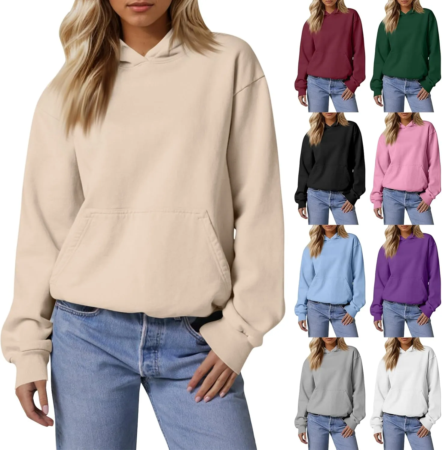 Fleece Hoodie Women Oversized Plain Hooded Sweatshirt Casual Long Sleeve Pullover Tops Comfy Drop Shoulder Sweater