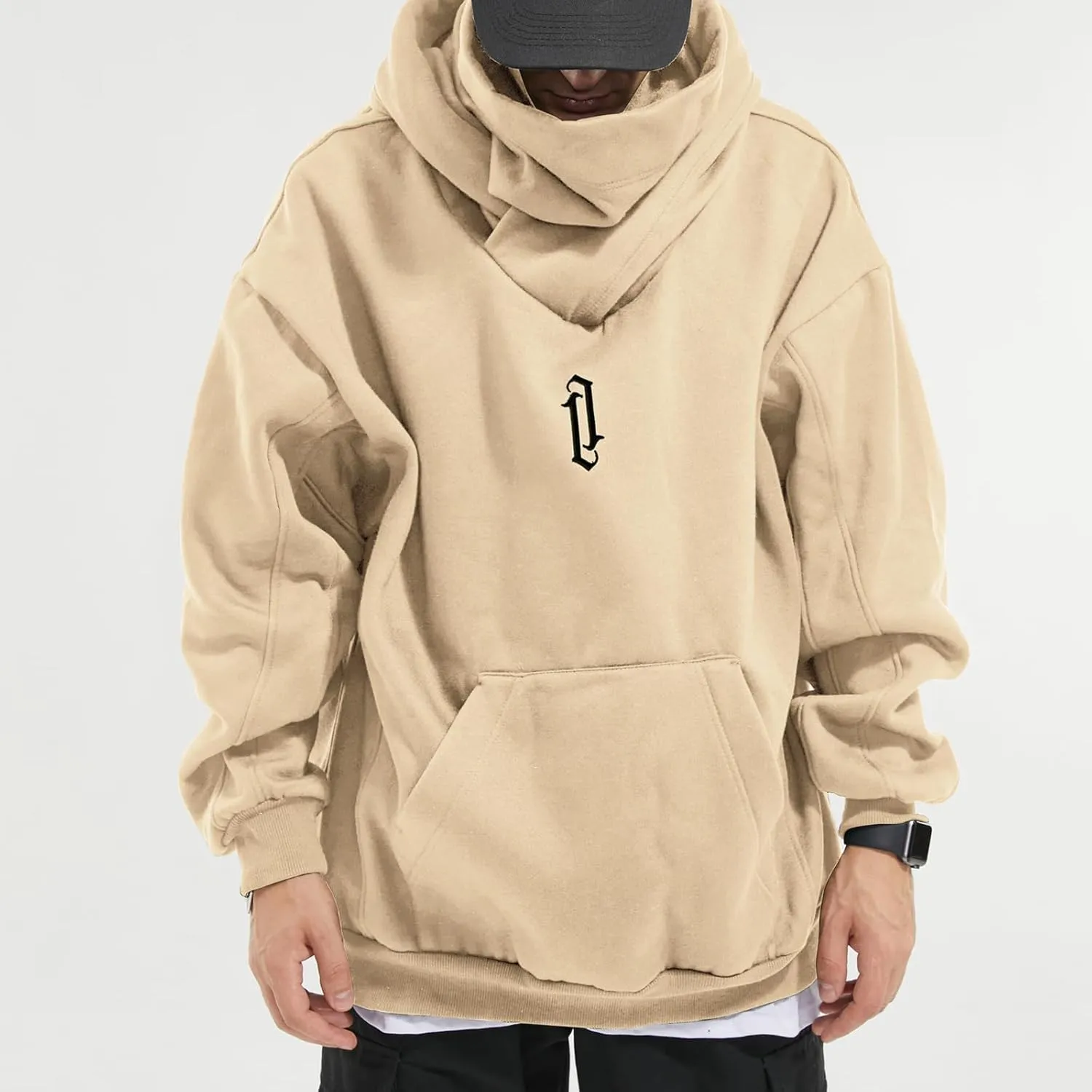 Fleece Hoodies for Men Cowl Neck Sweatshirts Casual Pullover Fall Winter Loose Fit Tops with Embroidery