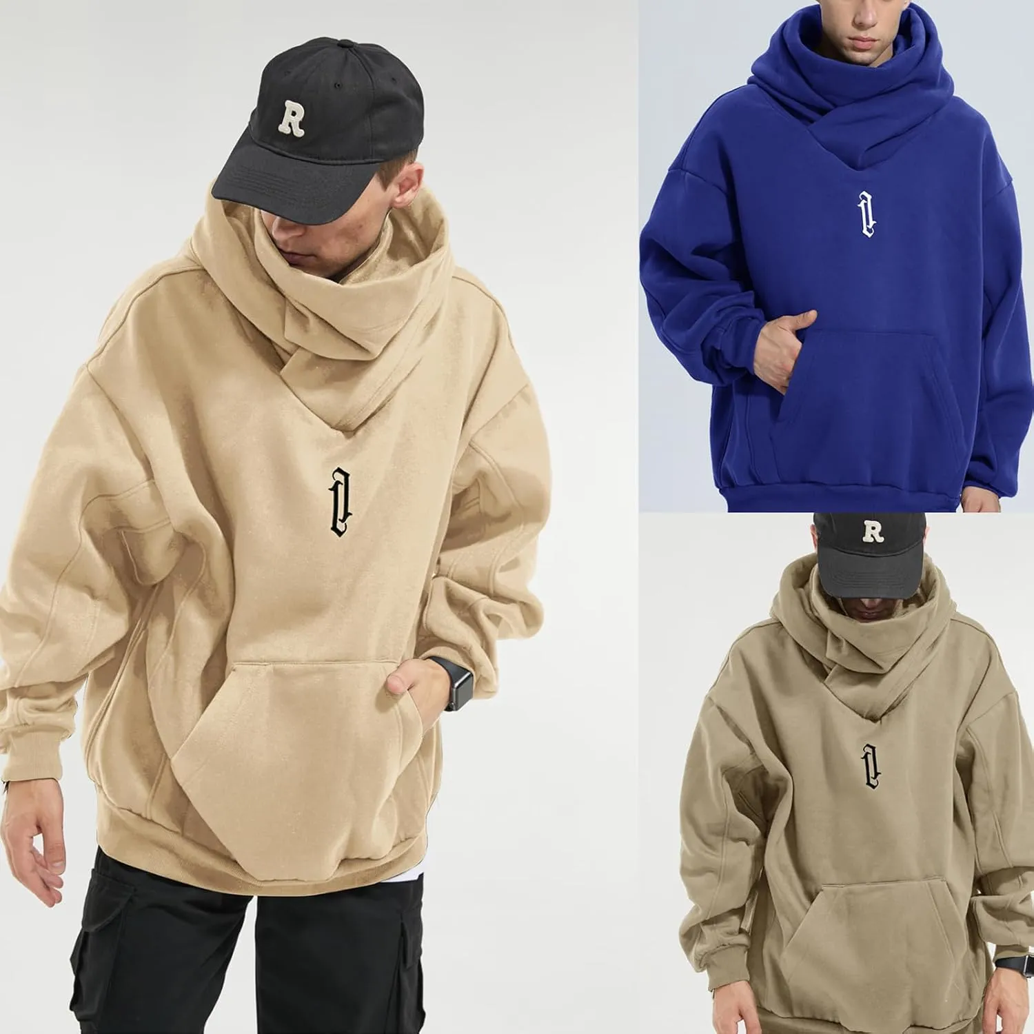 Fleece Hoodies for Men Cowl Neck Sweatshirts Casual Pullover Fall Winter Loose Fit Tops with Embroidery