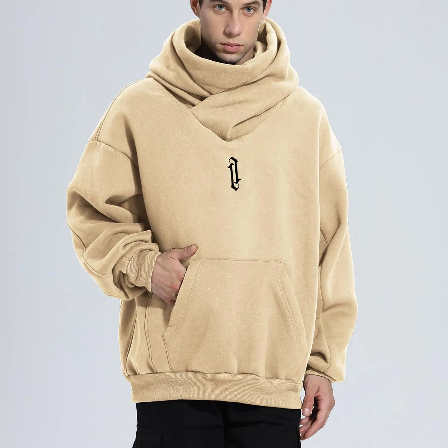 Fleece Hoodies for Men Cowl Neck Sweatshirts Casual Pullover Fall Winter Loose Fit Tops with Embroidery