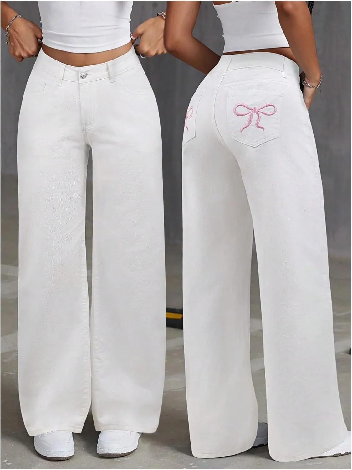 Floerns Women's Bowknot Embroidery Jeans Y2k Straight Leg Boyfriend Denim Pants