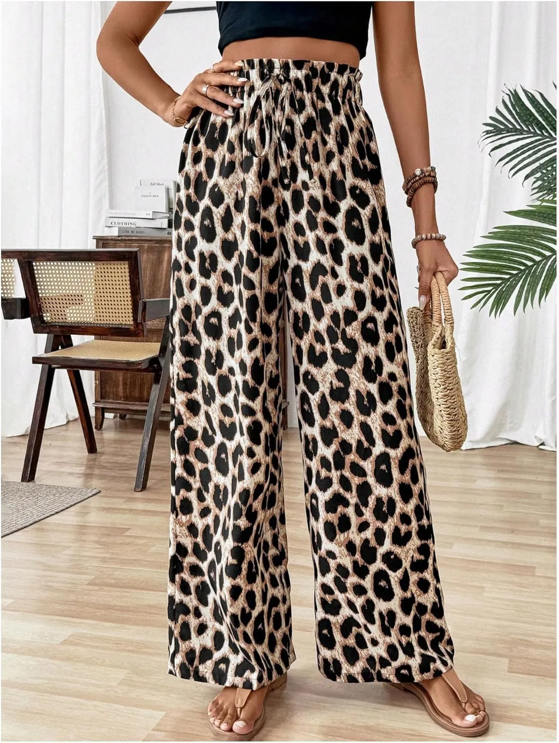 Floerns Women's Leopard Print Straight Leg Pants Loose Drawstring Waist Trousers