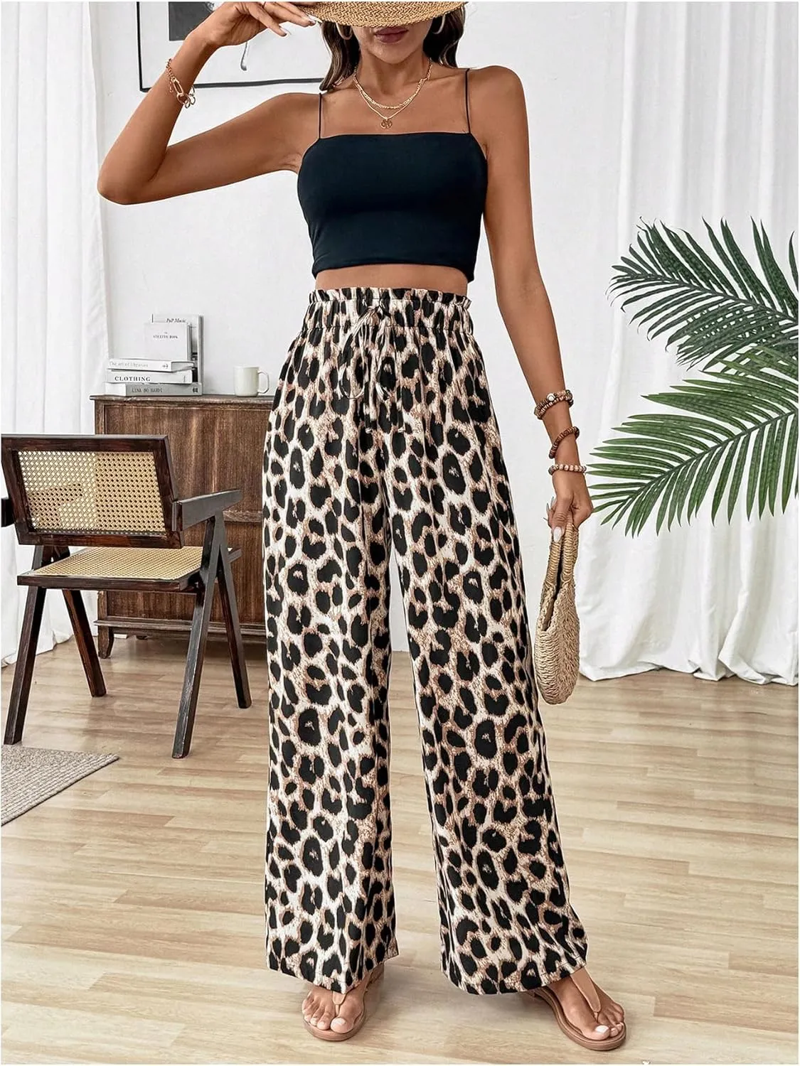 Floerns Women's Leopard Print Straight Leg Pants Loose Drawstring Waist Trousers