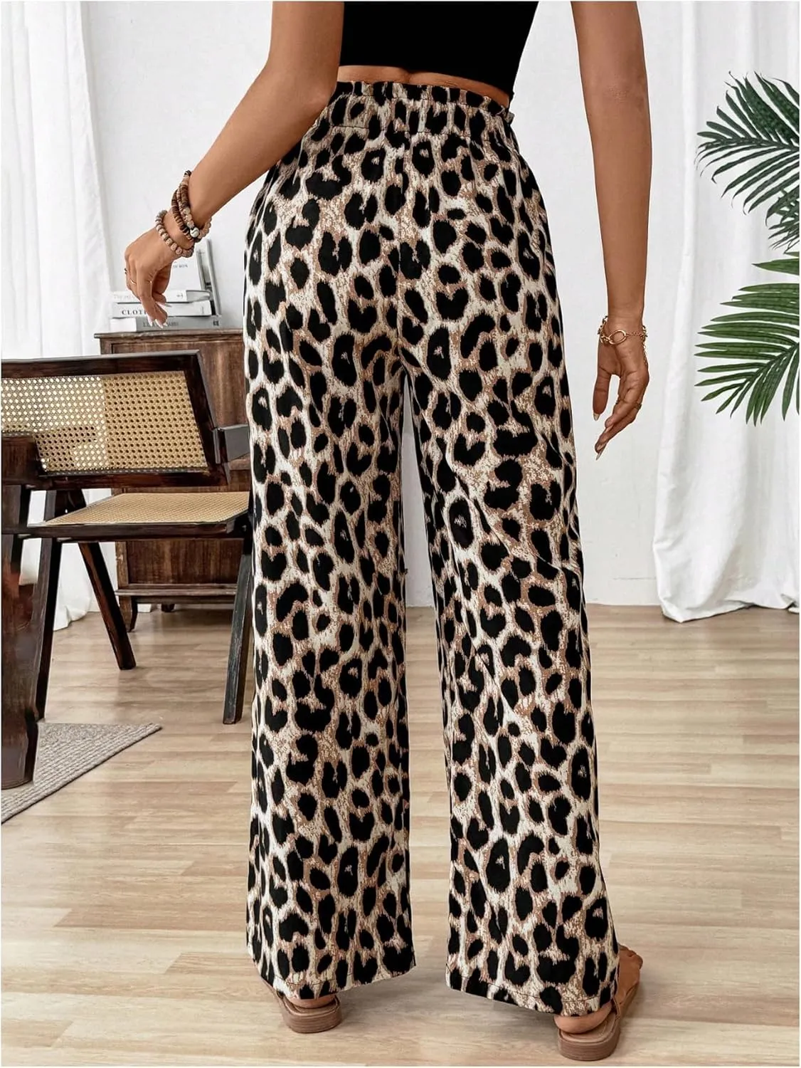 Floerns Women's Leopard Print Straight Leg Pants Loose Drawstring Waist Trousers