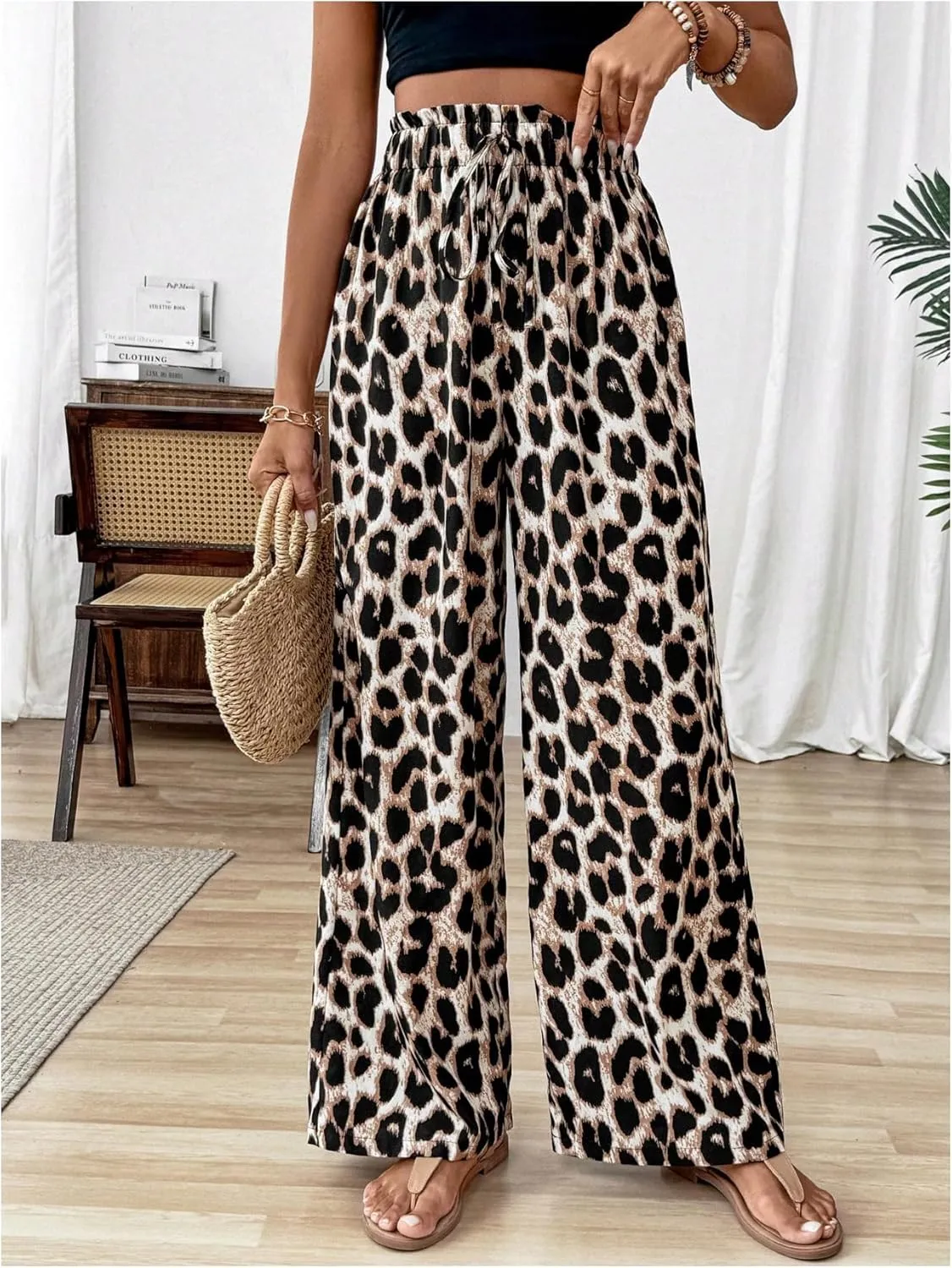 Floerns Women's Leopard Print Straight Leg Pants Loose Drawstring Waist Trousers