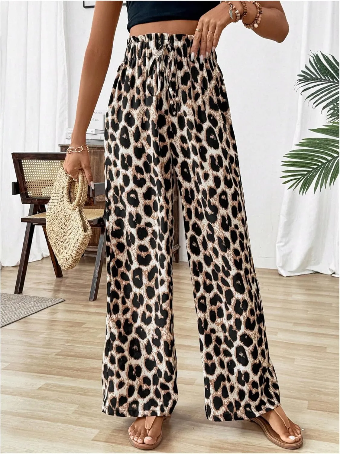 Floerns Women's Leopard Print Straight Leg Pants Loose Drawstring Waist Trousers