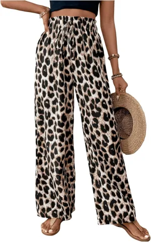Floerns Women's Leopard Print Straight Leg Pants Loose Drawstring Waist Trousers