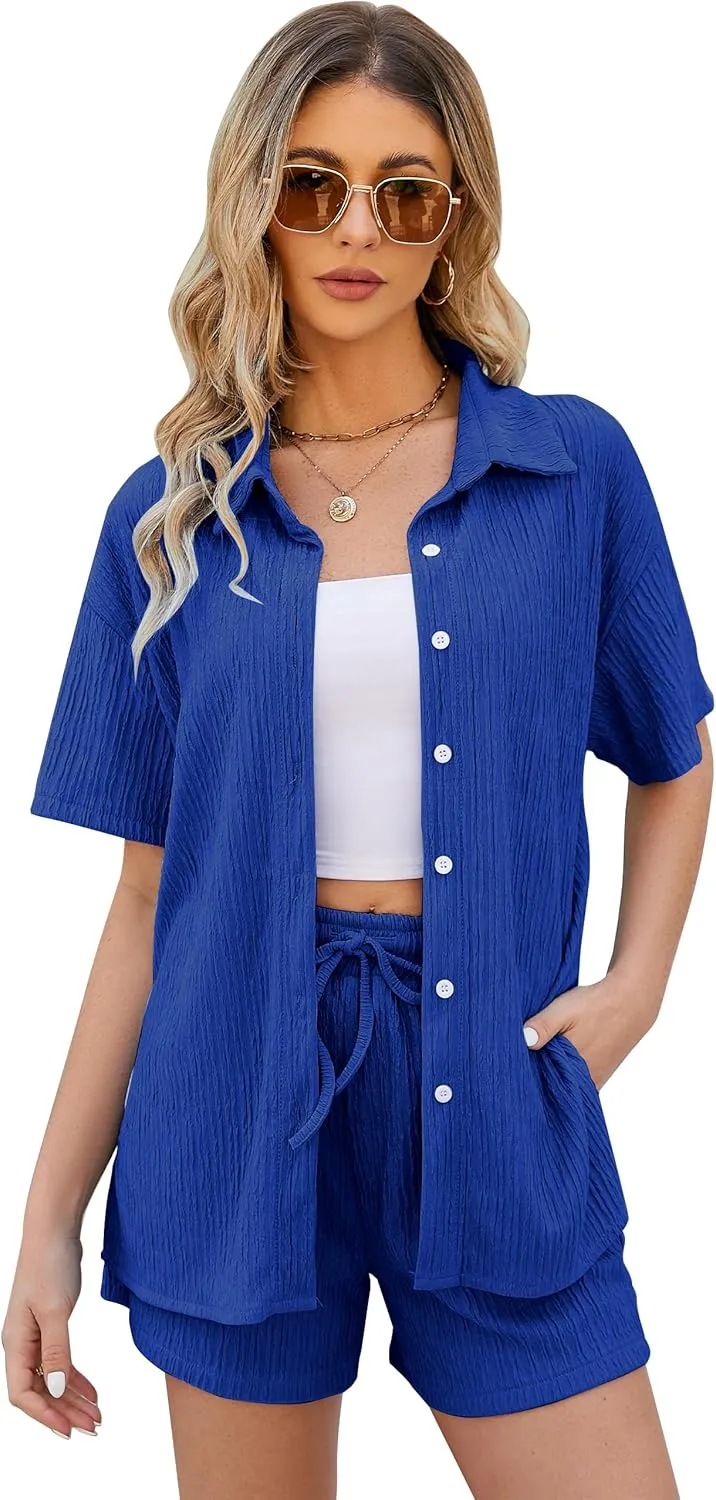 Flygo Womens 2 Piece Casual Outfits Summer Pleated Short Sleeve Top and Set Button Down Shirt Y2K