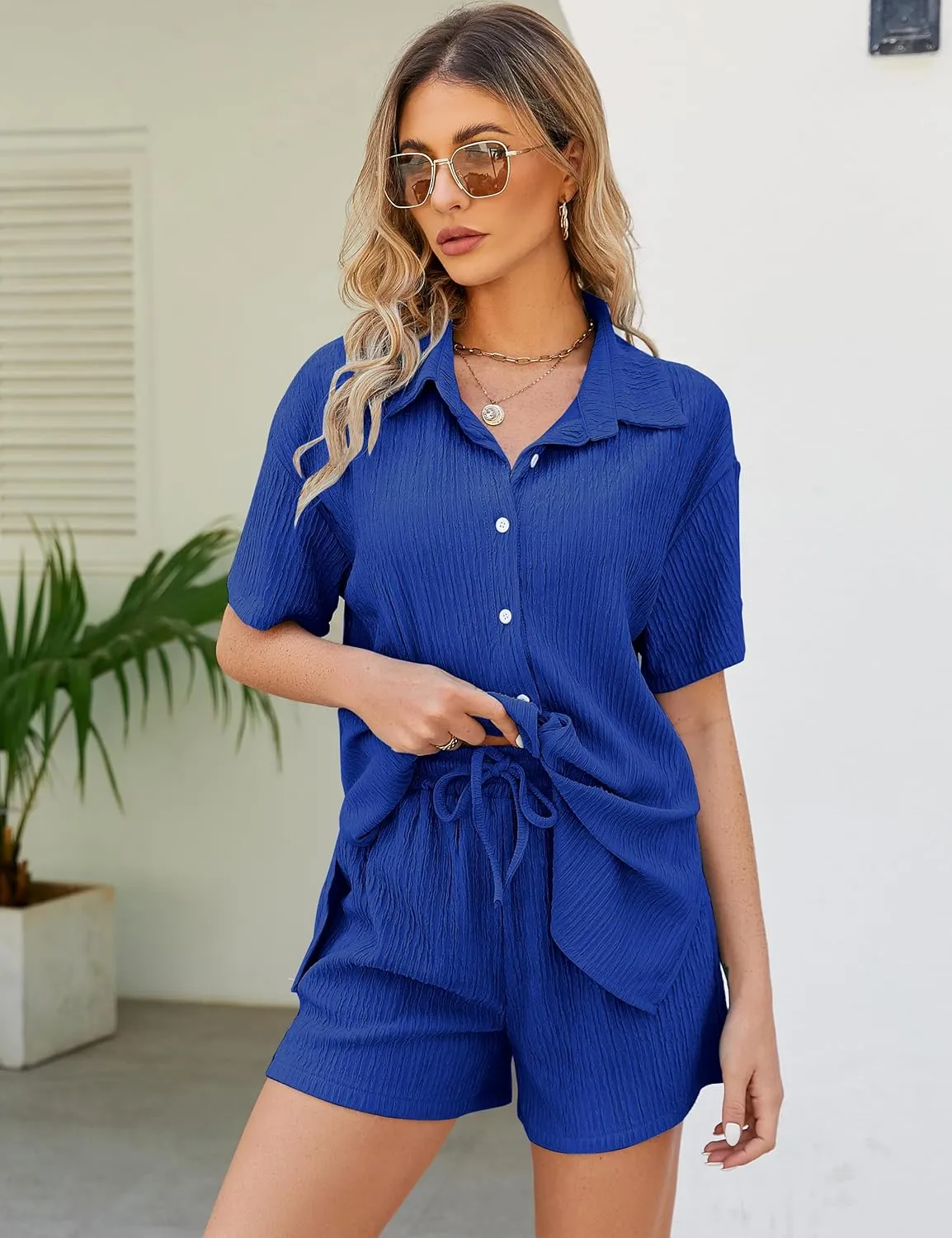 Flygo Womens 2 Piece Casual Outfits Summer Pleated Short Sleeve Top and Set Button Down Shirt Y2K