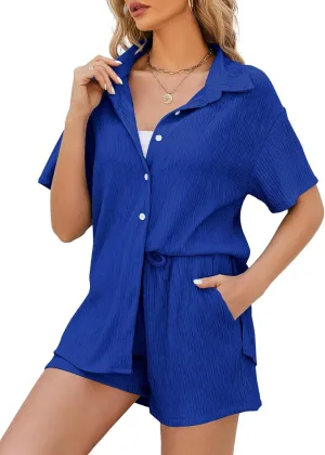 Flygo Womens 2 Piece Casual Outfits Summer Pleated Short Sleeve Top and Set Button Down Shirt Y2K
