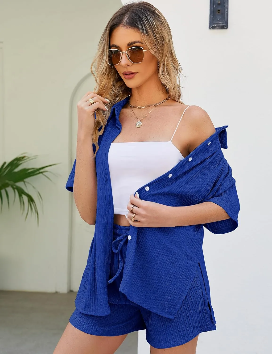 Flygo Womens 2 Piece Casual Outfits Summer Pleated Short Sleeve Top and Set Button Down Shirt Y2K