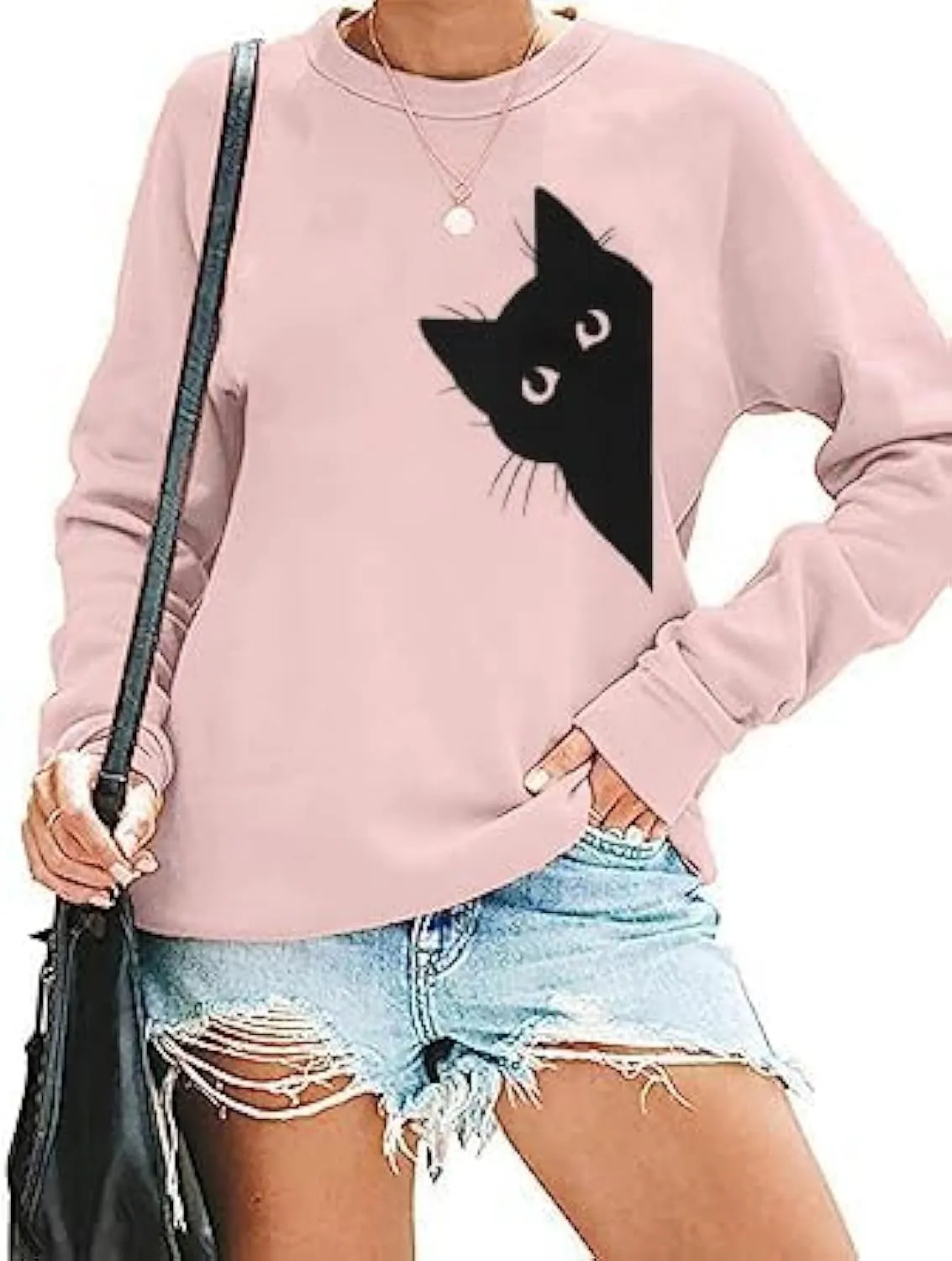 FRYAID Cat Sweatshirt Women Funny Black Cat Graphic Sweater Casual Cat Crewneck Holiday Long Sleeve Hoodie Pullover Top