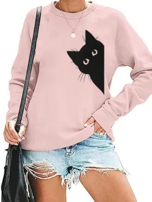 FRYAID Cat Sweatshirt Women Funny Black Cat Graphic Sweater Casual Cat Crewneck Holiday Long Sleeve Hoodie Pullover Top