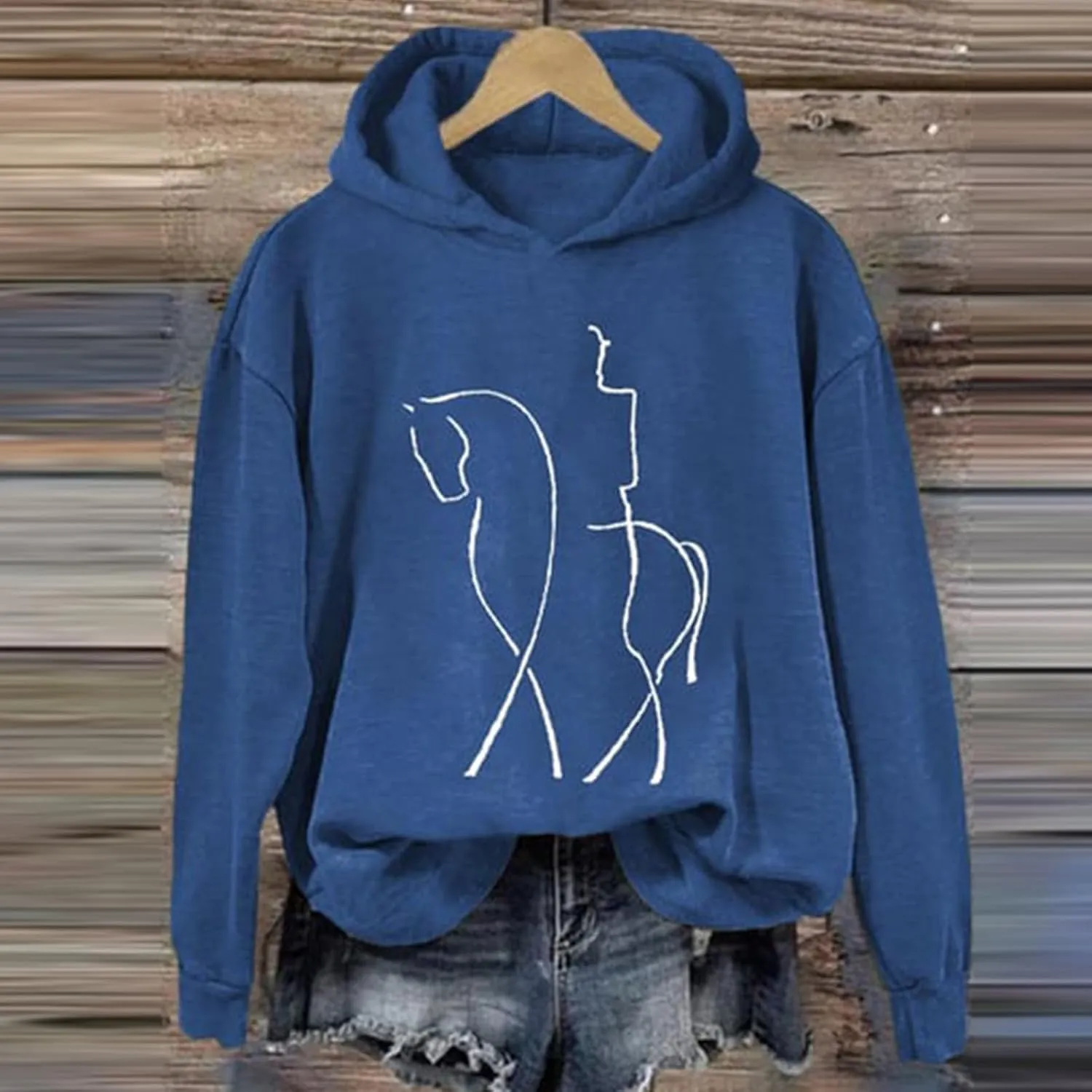 Funny Abstract Horse Print Hoodies Women Oversized Casual Fleece Sweatshirt Cute Knight Graphic Hooded Pullover Tops