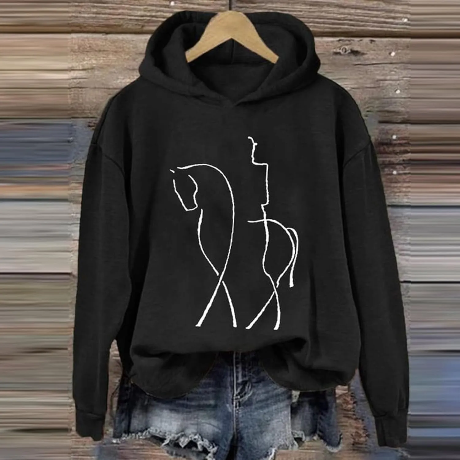 Funny Abstract Horse Print Hoodies Women Oversized Casual Fleece Sweatshirt Cute Knight Graphic Hooded Pullover Tops