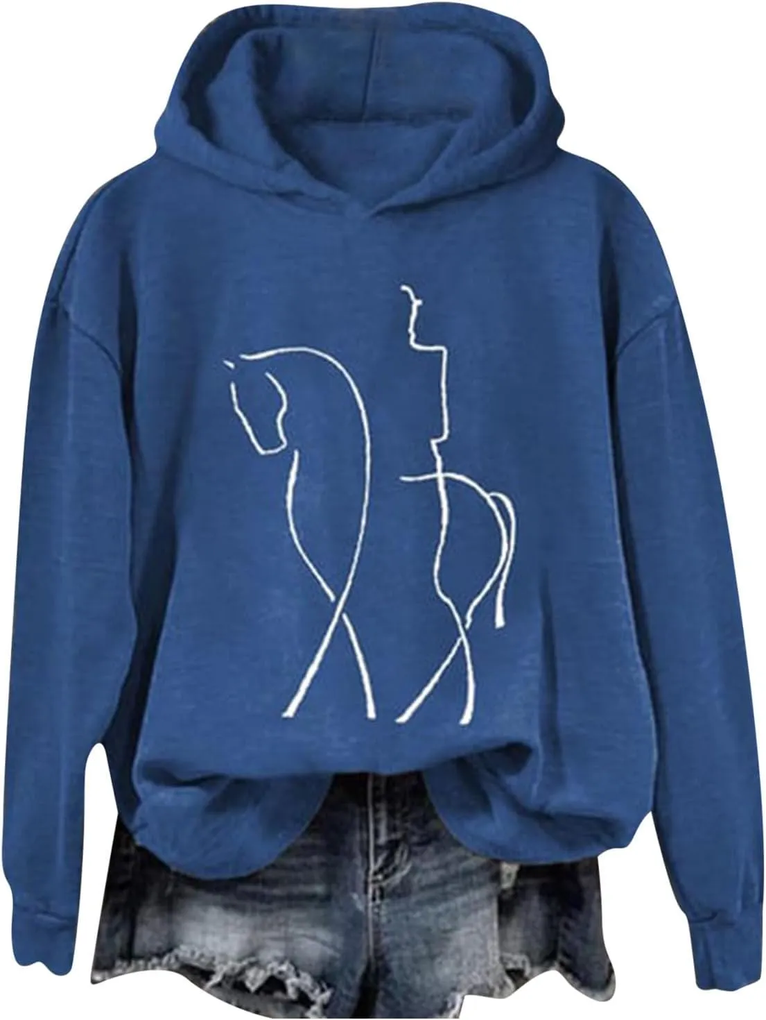 Funny Abstract Horse Print Hoodies Women Oversized Casual Fleece Sweatshirt Cute Knight Graphic Hooded Pullover Tops