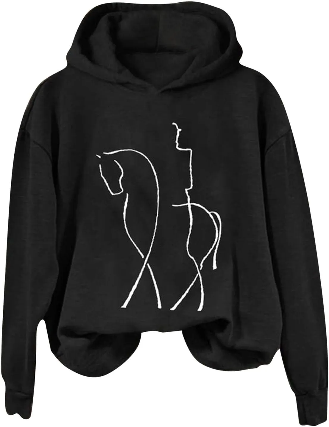 Funny Abstract Horse Print Hoodies Women Oversized Casual Fleece Sweatshirt Cute Knight Graphic Hooded Pullover Tops