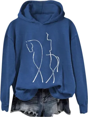 Funny Abstract Horse Print Hoodies Women Oversized Casual Fleece Sweatshirt Cute Knight Graphic Hooded Pullover Tops