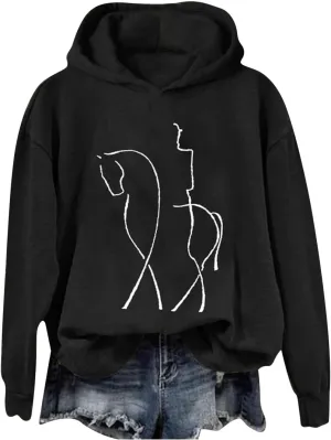 Funny Abstract Horse Print Hoodies Women Oversized Casual Fleece Sweatshirt Cute Knight Graphic Hooded Pullover Tops