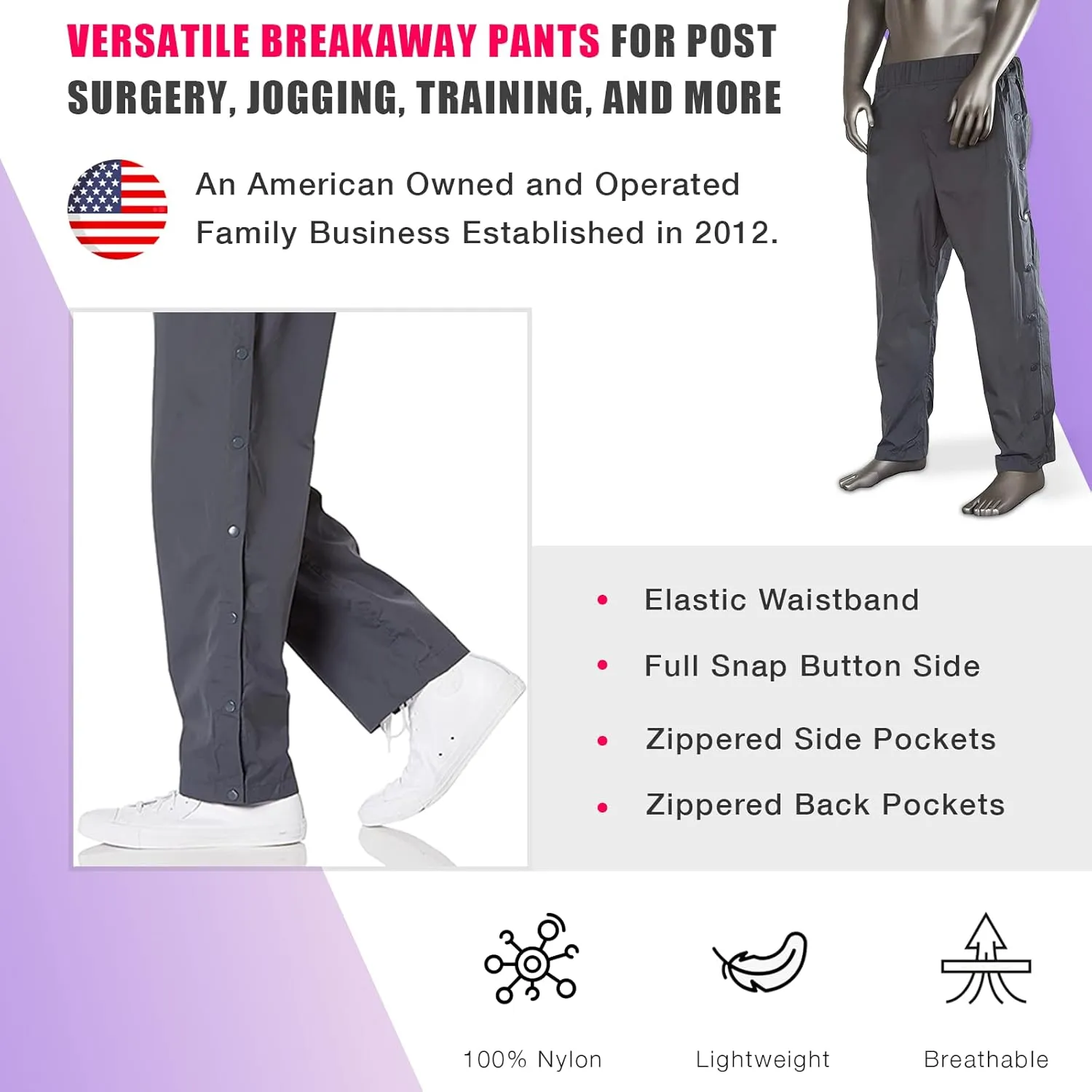 Funny Guy Mugs Tear Away Pull On Pants - Post-Surgery Snap Button Tearaway Elastic Waist Pants - Retro Windbreaker Pants