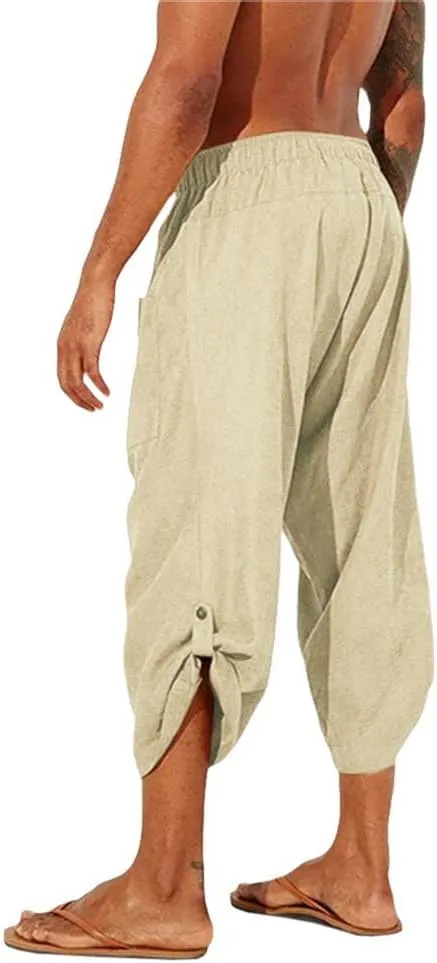 Gafeng Mens Linen Harem Capri Pants Drawstring 3/4 Shorts Casual Beach Yoga Hippie Thai Pants
