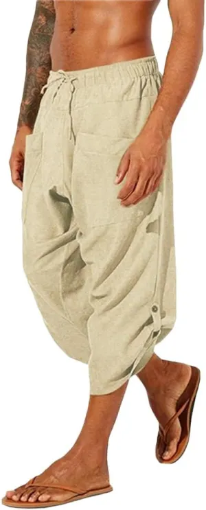 Gafeng Mens Linen Harem Capri Pants Drawstring 3/4 Shorts Casual Beach Yoga Hippie Thai Pants