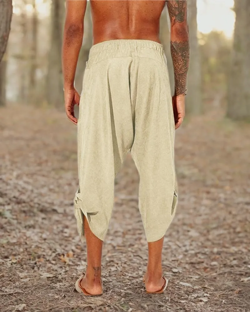 Gafeng Mens Linen Harem Capri Pants Drawstring 3/4 Shorts Casual Beach Yoga Hippie Thai Pants