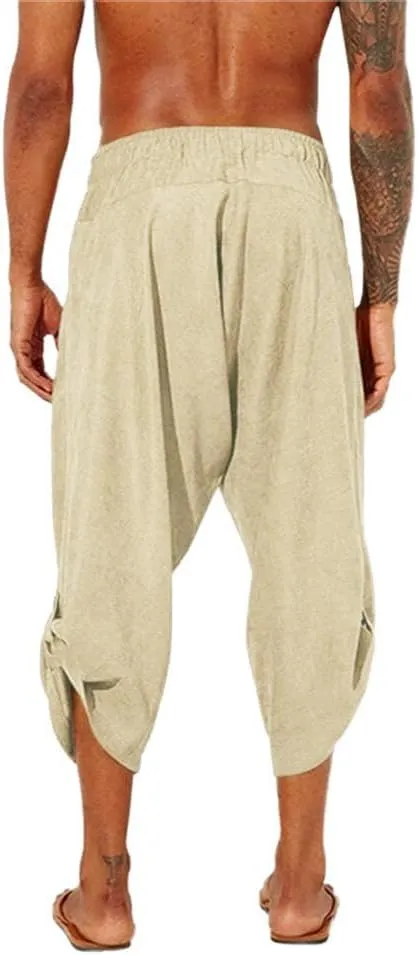 Gafeng Mens Linen Harem Capri Pants Drawstring 3/4 Shorts Casual Beach Yoga Hippie Thai Pants