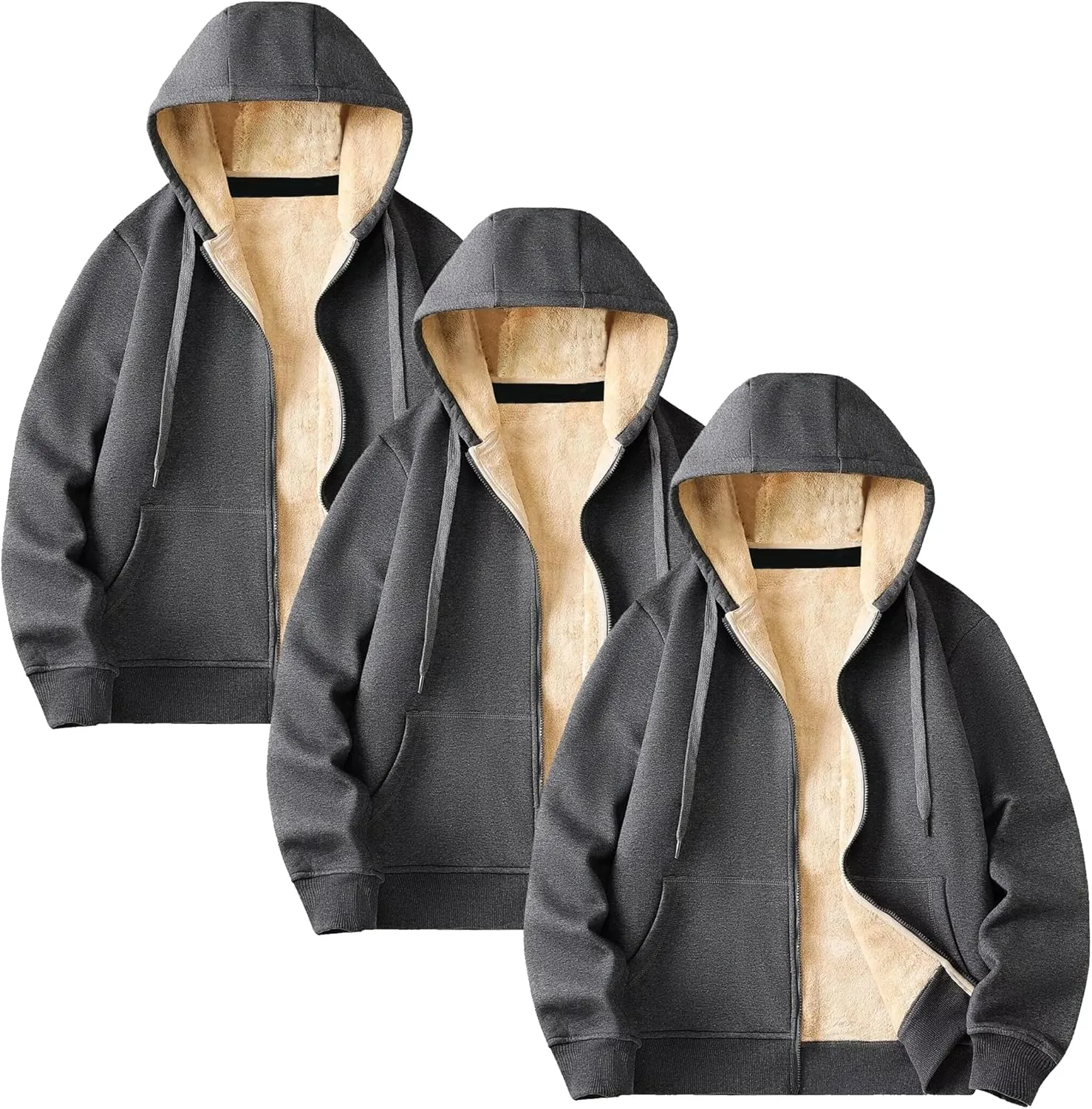 Galaxy by Harvic 3-Pack Men's Heavyweight Sherpa Hoodie - Ultra-Warm Full-Zip Jacket with Cozy Fleece Lining