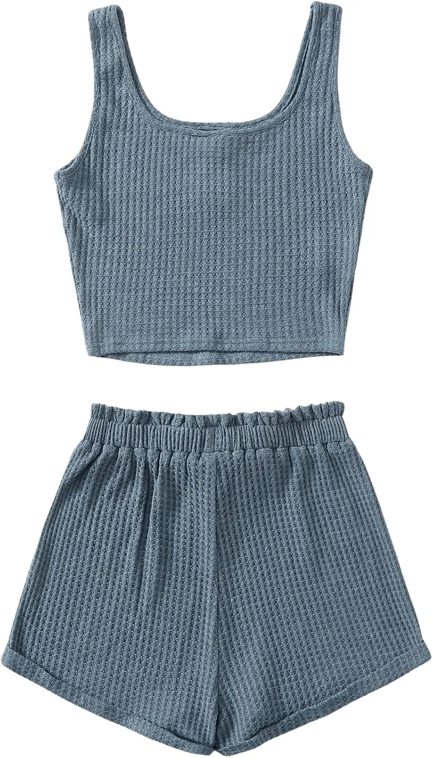 Girl's 2 Piece Outfits Waffle Knit Scoop Neck Button Down Crop Tank Tops Paperbag Waist Track Shorts