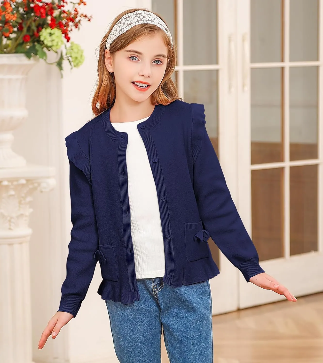 Girls Cardigan Sweater School Uniforms Button Crewneck Cute Ruffle Long Sleeve with Pockets Bowknot Knit Tops