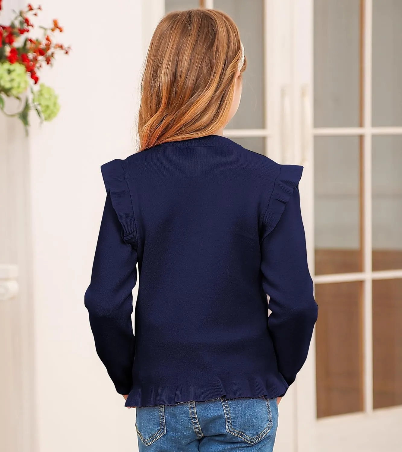 Girls Cardigan Sweater School Uniforms Button Crewneck Cute Ruffle Long Sleeve with Pockets Bowknot Knit Tops