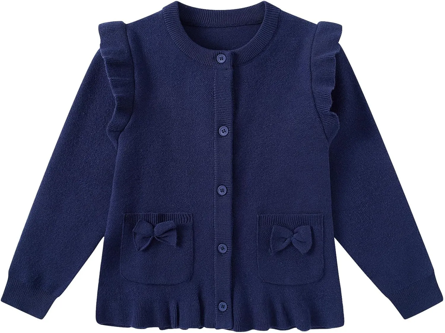 Girls Cardigan Sweater School Uniforms Button Crewneck Cute Ruffle Long Sleeve with Pockets Bowknot Knit Tops