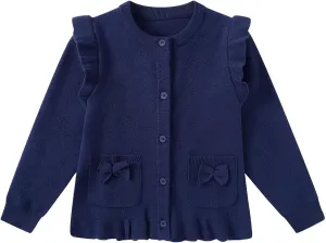 Girls Cardigan Sweater School Uniforms Button Crewneck Cute Ruffle Long Sleeve with Pockets Bowknot Knit Tops