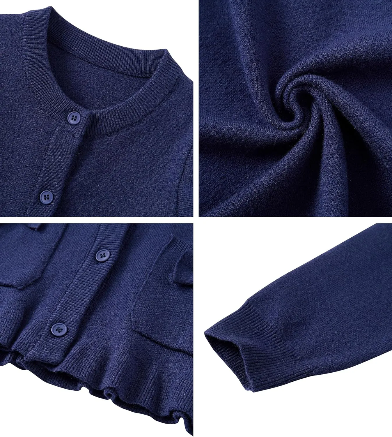 Girls Cardigan Sweater School Uniforms Button Crewneck Cute Ruffle Long Sleeve with Pockets Bowknot Knit Tops