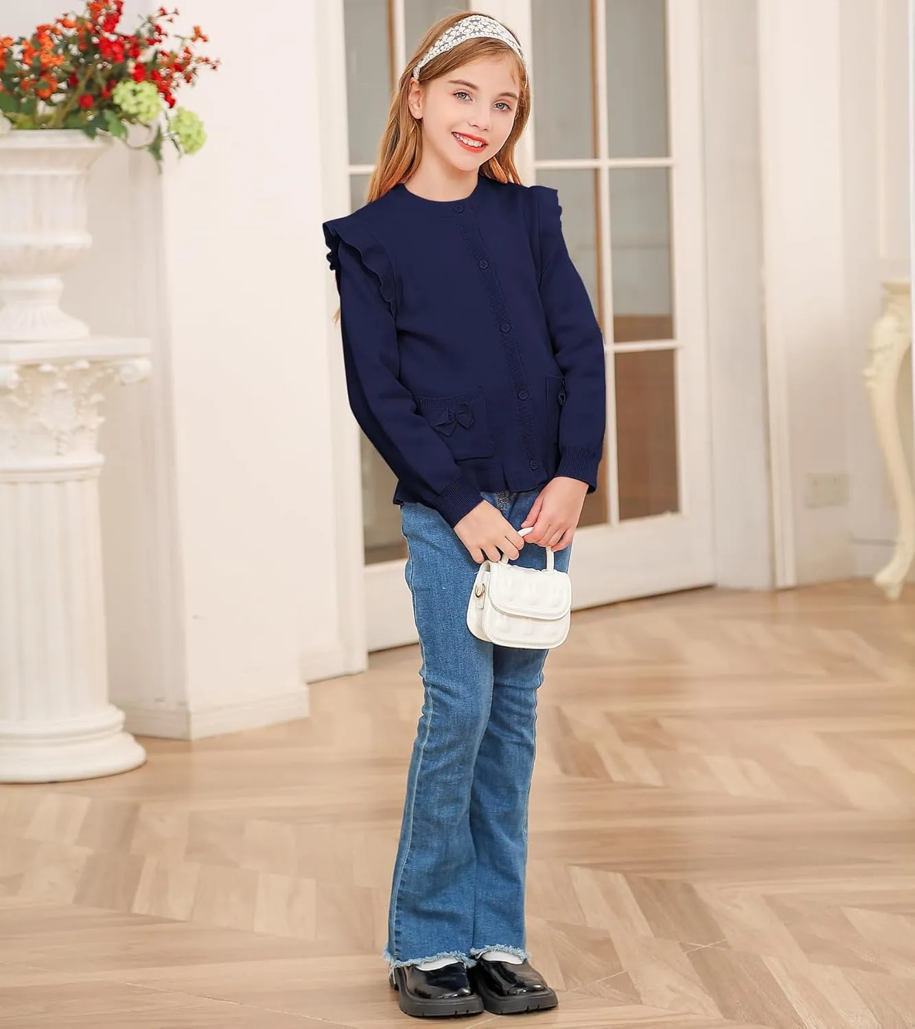 Girls Cardigan Sweater School Uniforms Button Crewneck Cute Ruffle Long Sleeve with Pockets Bowknot Knit Tops