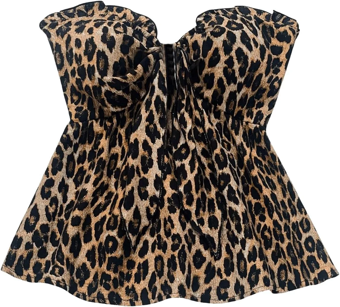 GORGLITTER Women's Cheetah Bow Strapless Tube Top Animal Print Leopard Tie Front Sleeveless Bandeau Going Out Tops