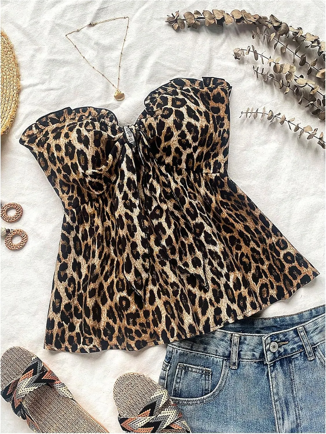 GORGLITTER Women's Cheetah Bow Strapless Tube Top Animal Print Leopard Tie Front Sleeveless Bandeau Going Out Tops