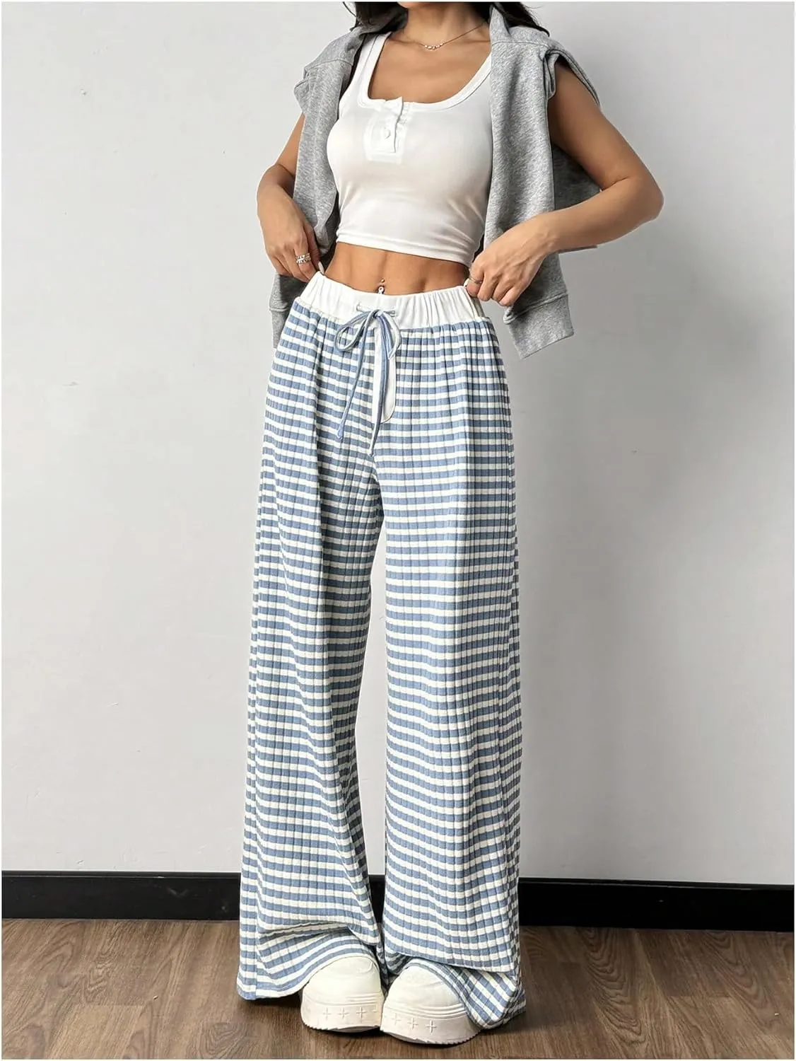 GORGLITTER Women's Wide Leg Striped Gingham Casual Pants High Waist Straight Trousers
