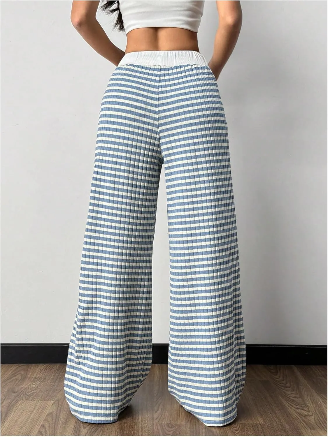 GORGLITTER Women's Wide Leg Striped Gingham Casual Pants High Waist Straight Trousers