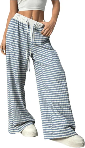 GORGLITTER Women's Wide Leg Striped Gingham Casual Pants High Waist Straight Trousers