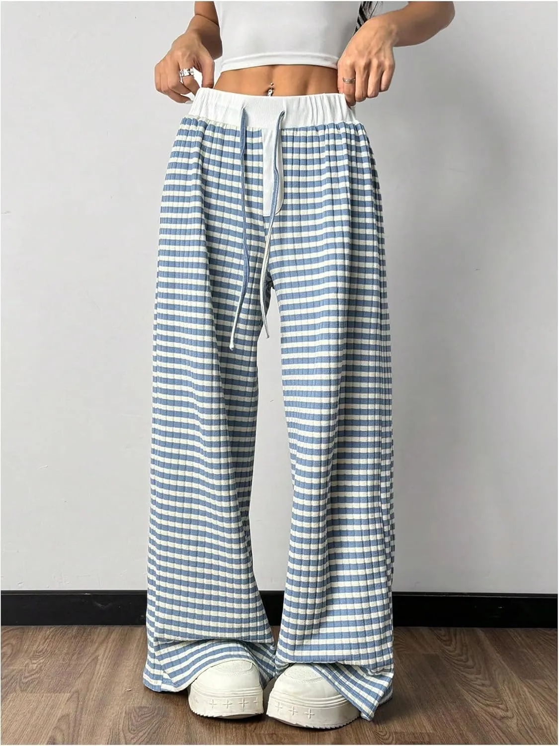 GORGLITTER Women's Wide Leg Striped Gingham Casual Pants High Waist Straight Trousers