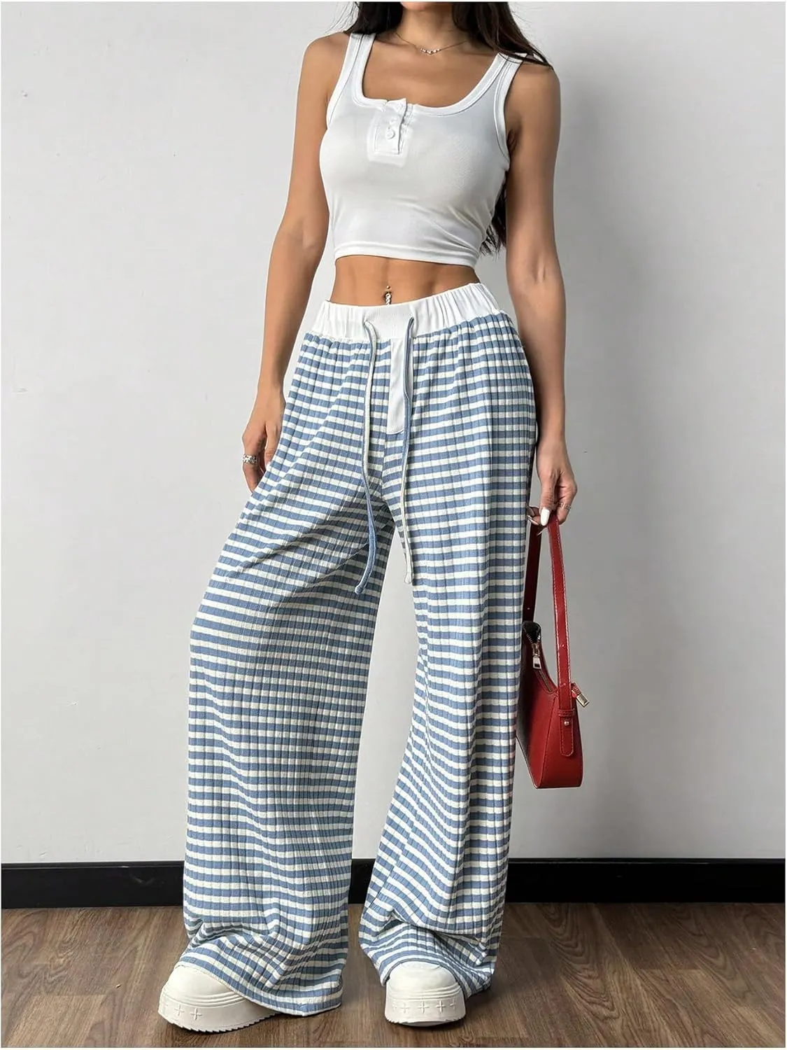 GORGLITTER Women's Wide Leg Striped Gingham Casual Pants High Waist Straight Trousers