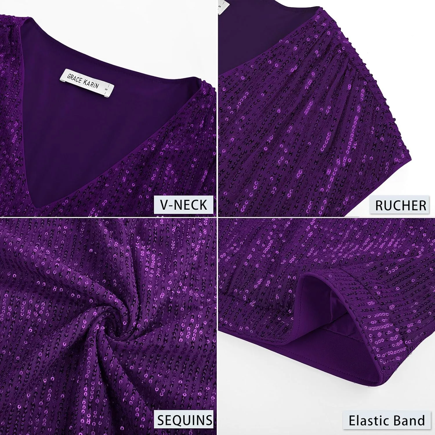 GRACE KARIN V Neck Sequin Short Sleeve Tops for Women Elastic Sparkly Tank Top for Party