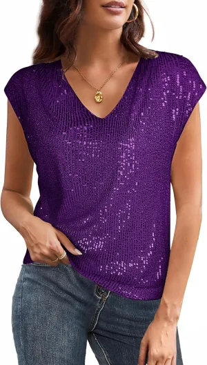 GRACE KARIN V Neck Sequin Short Sleeve Tops for Women Elastic Sparkly Tank Top for Party