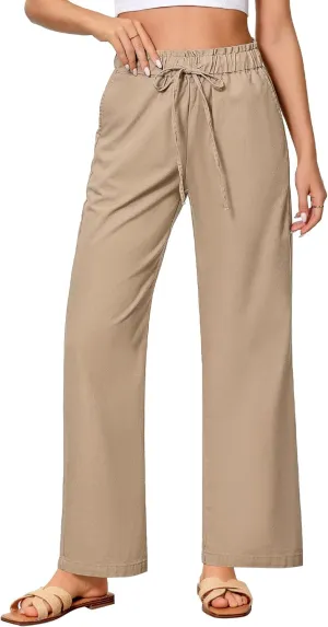 GRAPENT Linen Pants Women Wide Leg High Waisted Flowy Summer Beach Elastic Waist Pull On Baggy Palazzo Pants with Pocket