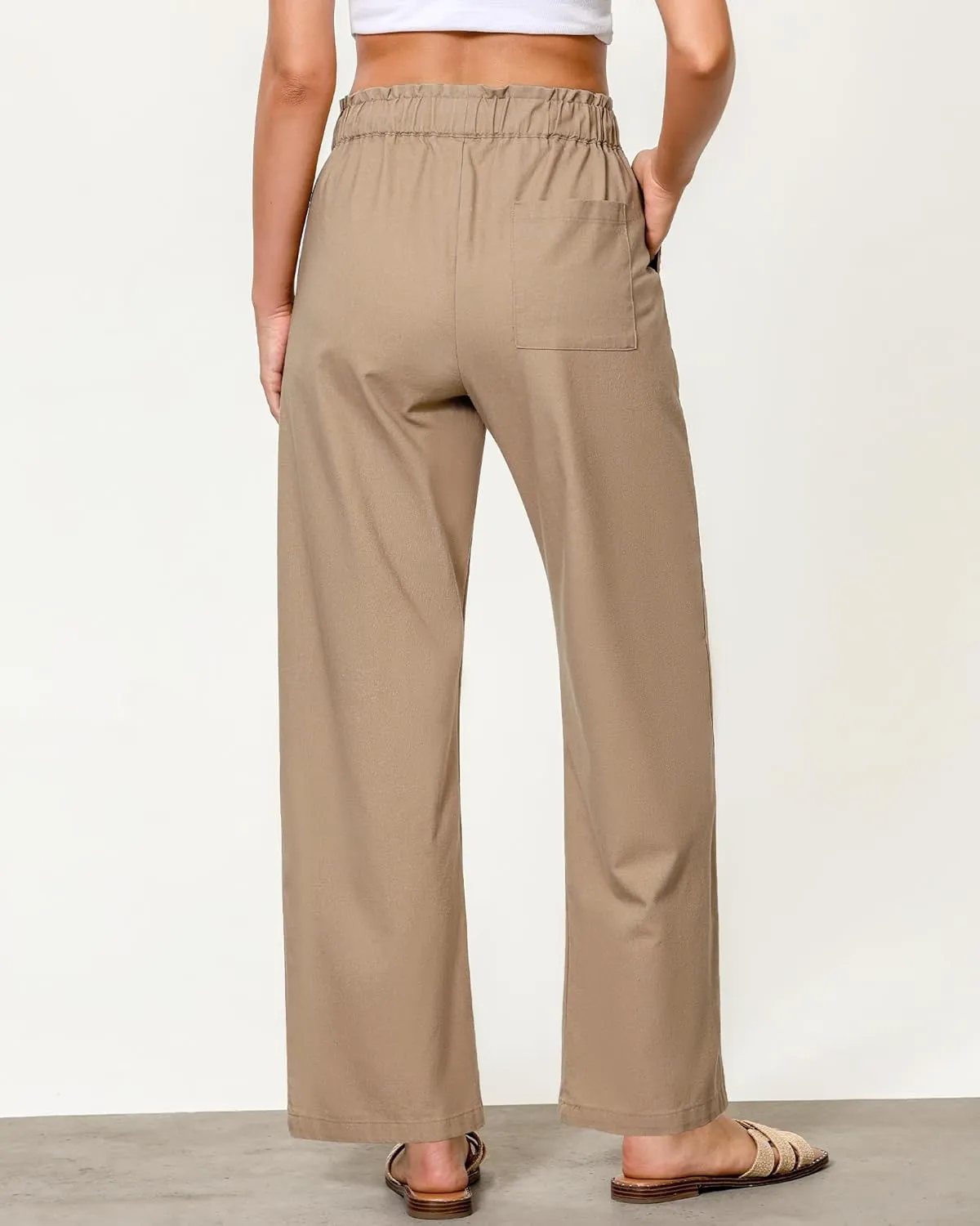 GRAPENT Linen Pants Women Wide Leg High Waisted Flowy Summer Beach Elastic Waist Pull On Baggy Palazzo Pants with Pocket