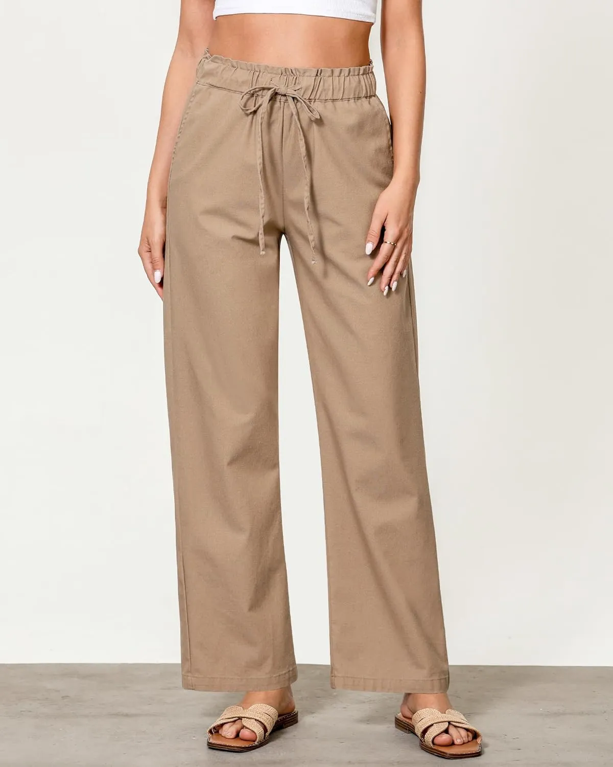 GRAPENT Linen Pants Women Wide Leg High Waisted Flowy Summer Beach Elastic Waist Pull On Baggy Palazzo Pants with Pocket