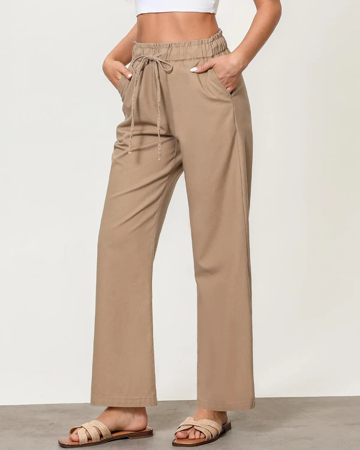 GRAPENT Linen Pants Women Wide Leg High Waisted Flowy Summer Beach Elastic Waist Pull On Baggy Palazzo Pants with Pocket
