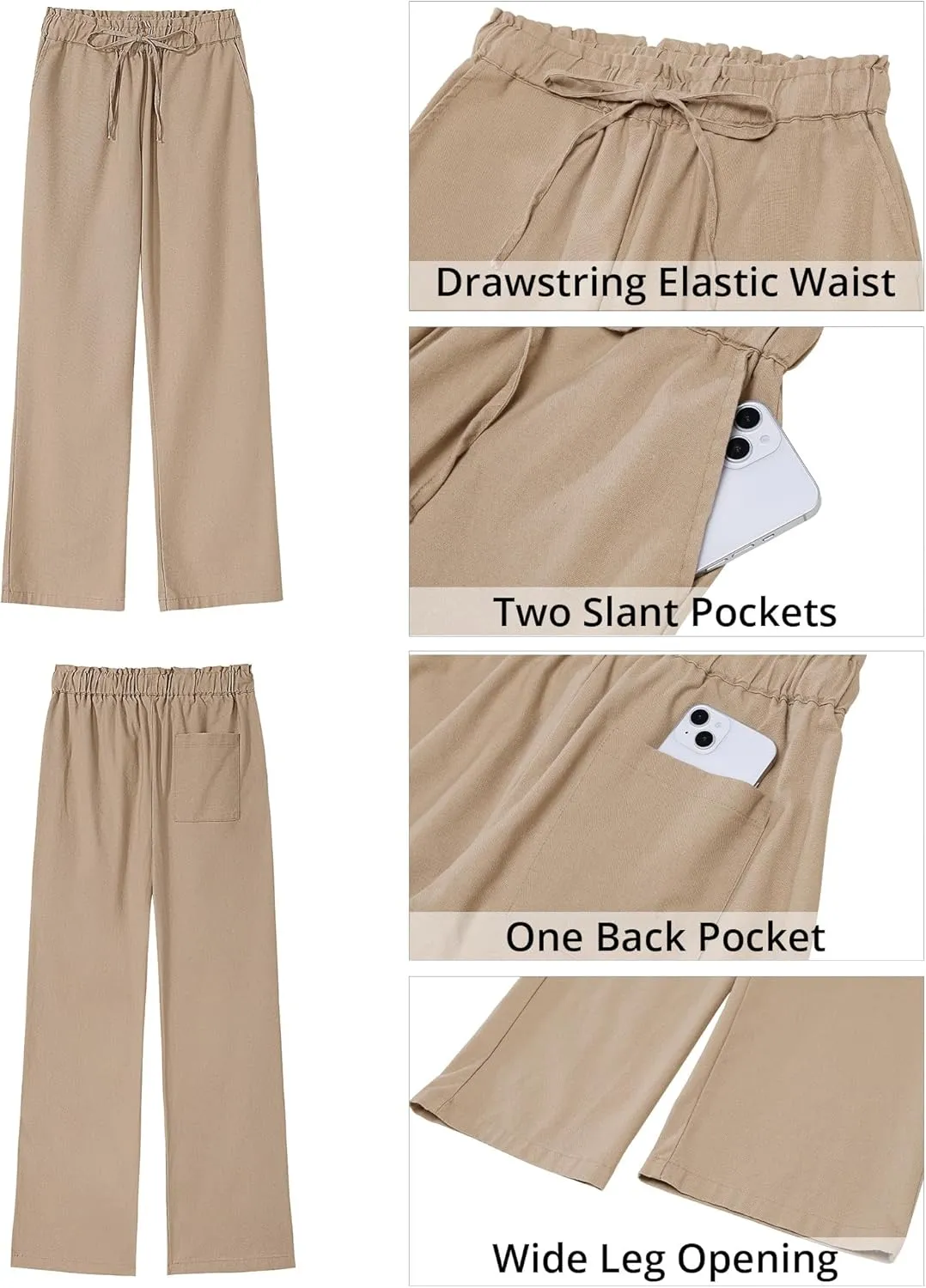 GRAPENT Linen Pants Women Wide Leg High Waisted Flowy Summer Beach Elastic Waist Pull On Baggy Palazzo Pants with Pocket